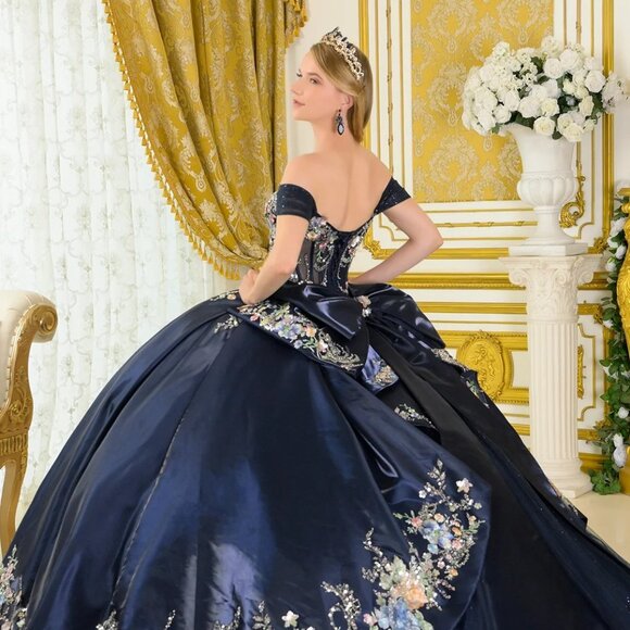New Navy Off The Shoulder Quinceanera Floral Dress w/ Layered Skirt GL3792 - Picture 8 of 13